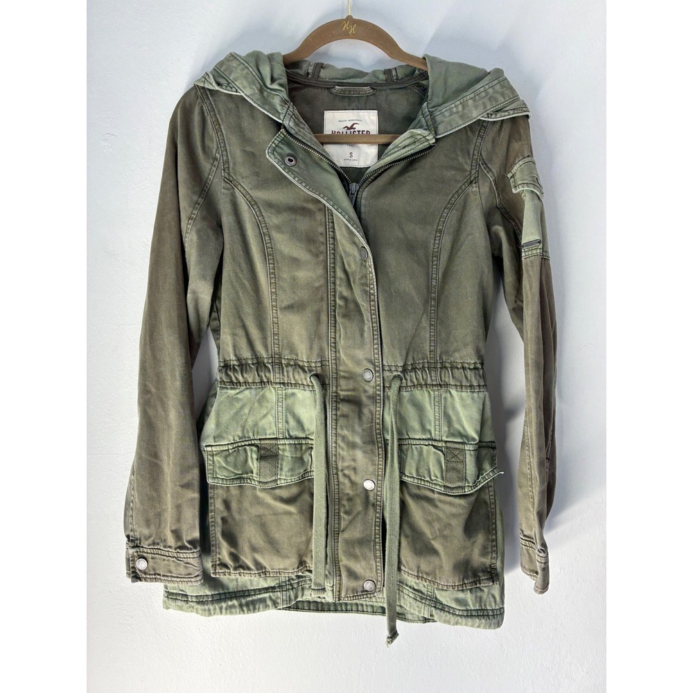 Y2K Hollister Hooded Military Jacket Olive Green Drawstring Waist Coat, Small